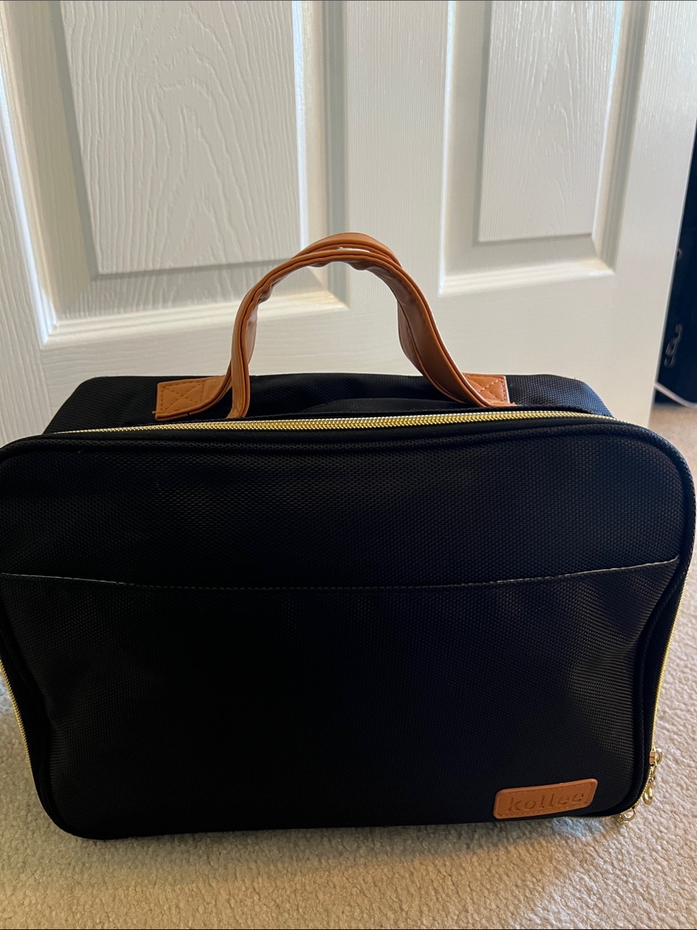 Black Travel Toiletry Bag with Tan Handle